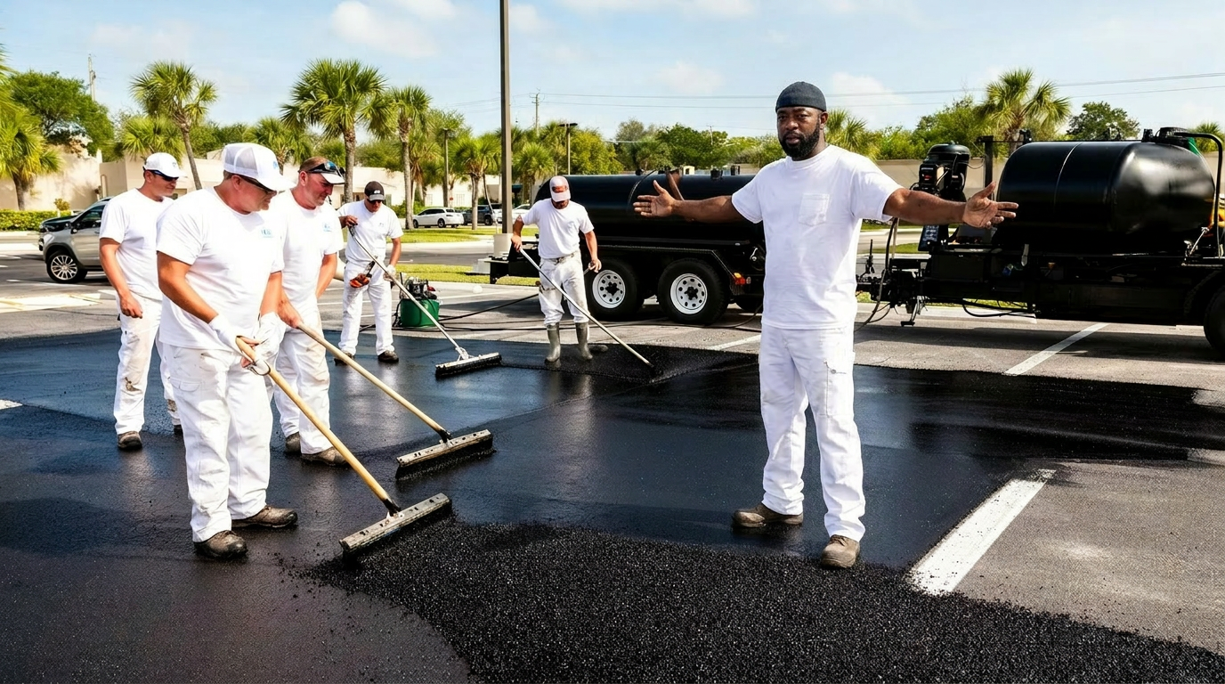 Jerry supervising a full sealcoat application on a commercial Brevard County parking lot