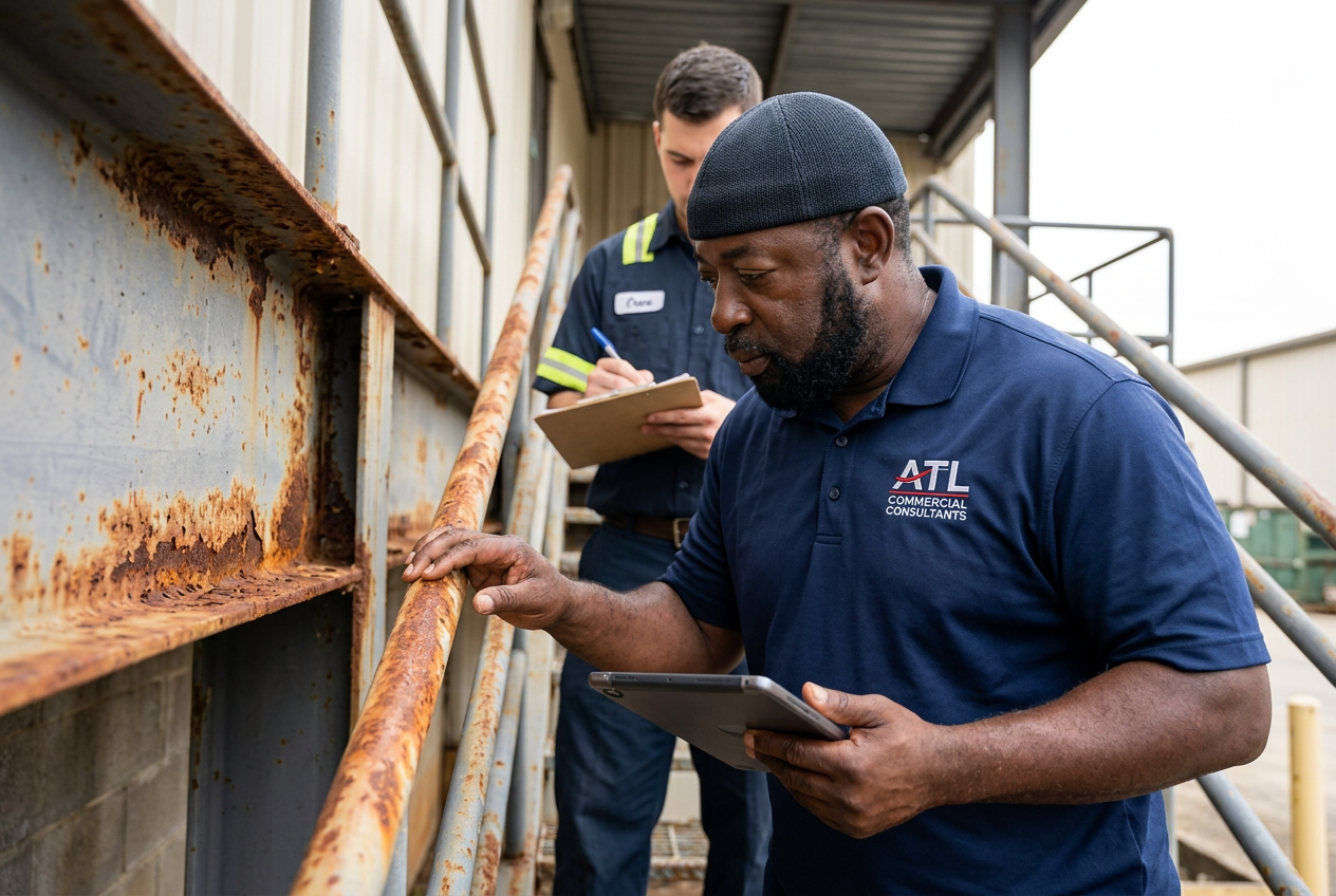 Jerry inspecting rust on a commercial metal handrail and structural beam during a commercial property consultation