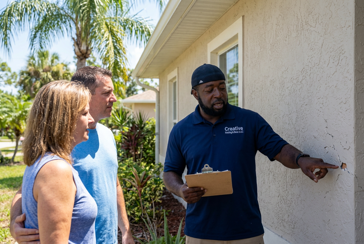 Jerry, co-owner of Creative Painting & More 2 LLC, performing a residential consultation and pointing out stucco damage to homeowners on a Brevard County home