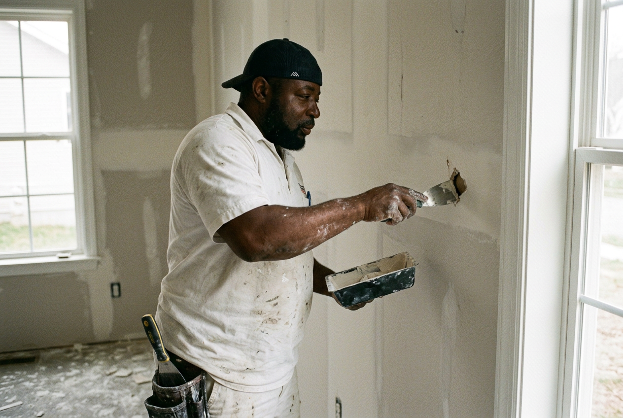 Jerry patching a hole in interior drywall with joint compound and a putty knife before repainting