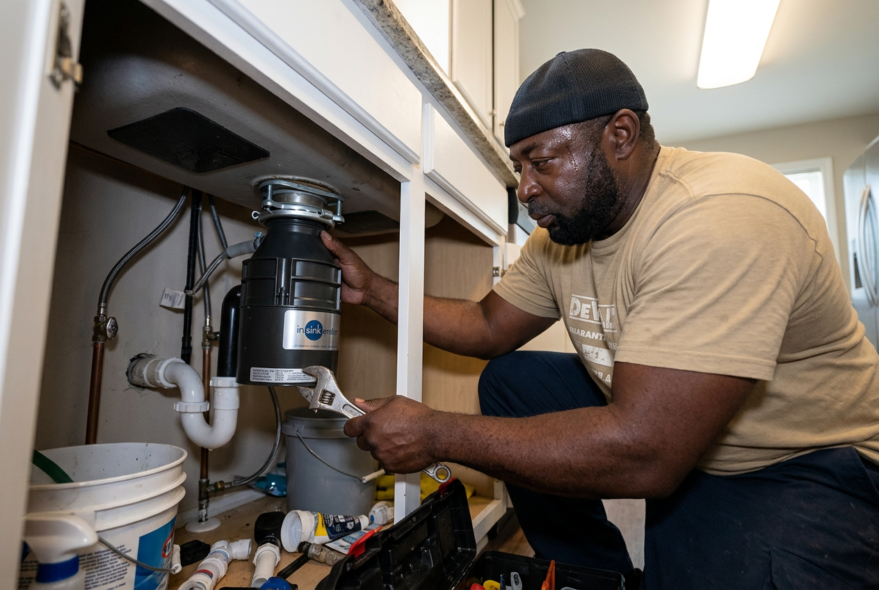 Jerry installing a new InSinkErator garbage disposal under a residential kitchen sink