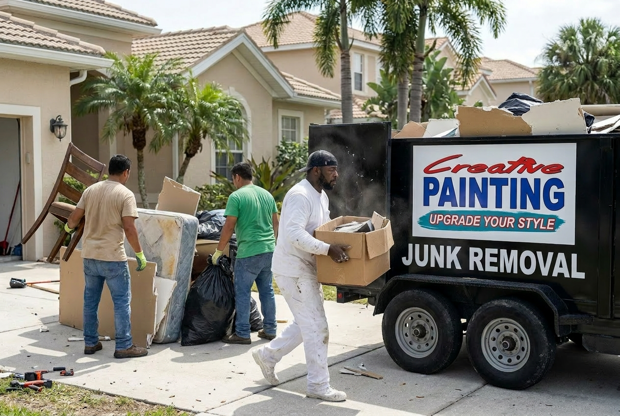 Jerry and the Creative Painting & More 2 crew loading a house cleanout into a black dump trailer in Brevard County, FL