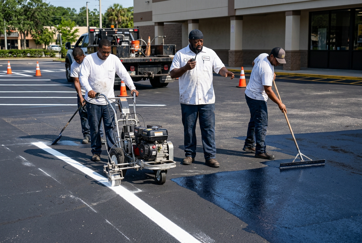 Jerry directing the Creative Painting & More 2 crew running a parking-lot striping machine and squeegeeing fresh sealcoat on a Brevard County commercial lot