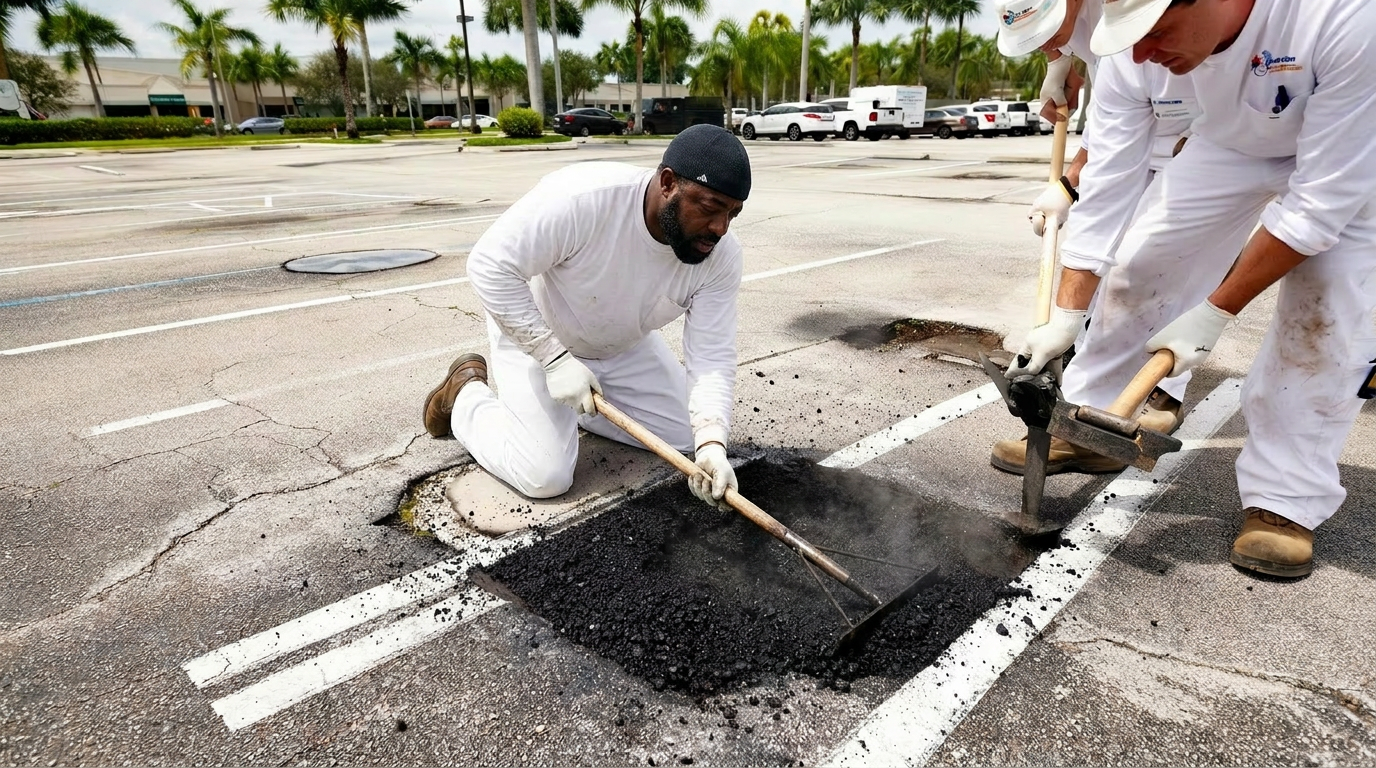 Jerry kneeling to fill a parking lot pothole with hot asphalt patch material while a crew member tamps the edge