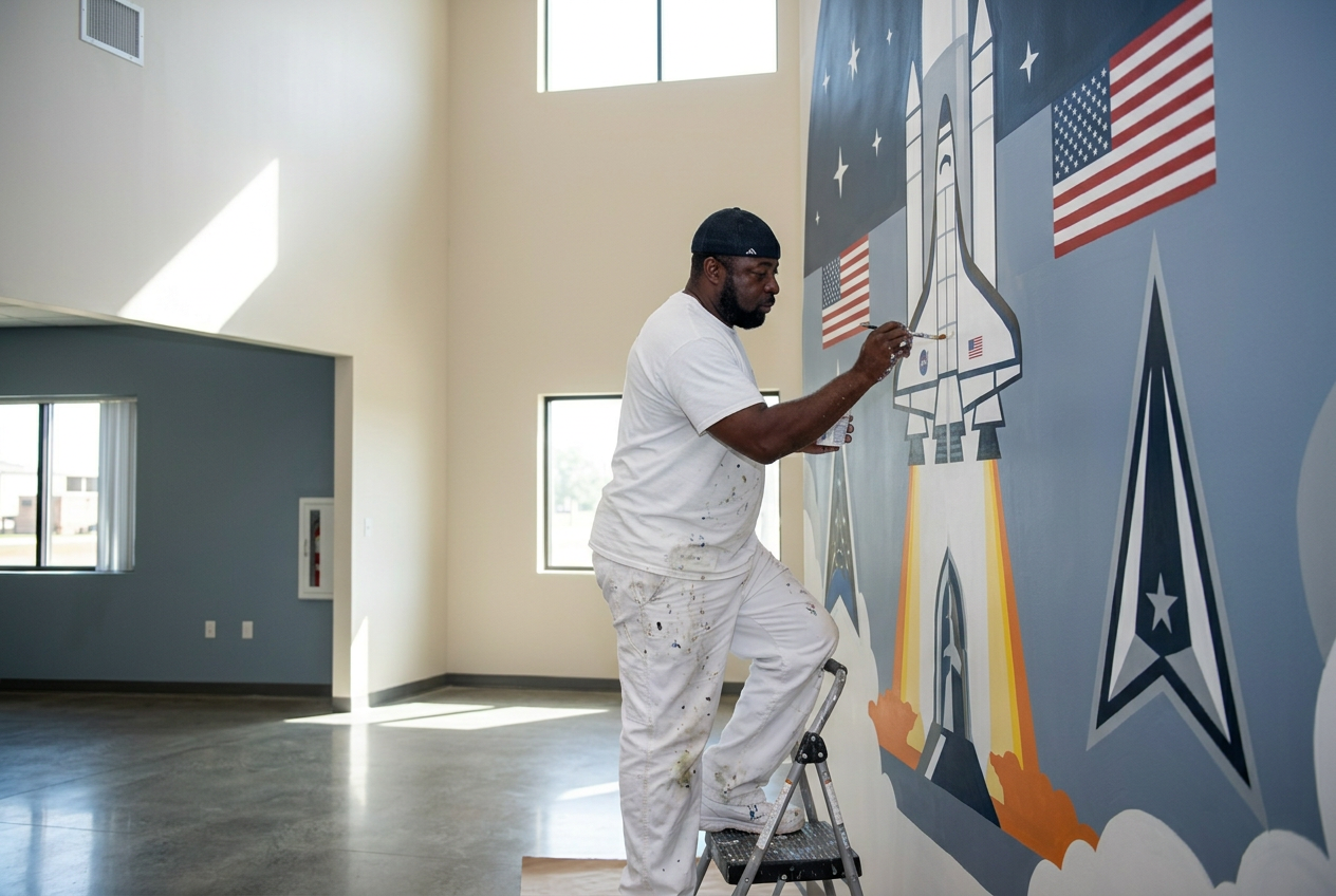Jerry painting a Space Force rocket-launch mural on an interior wall at Patrick Space Force Base in Brevard County, Florida