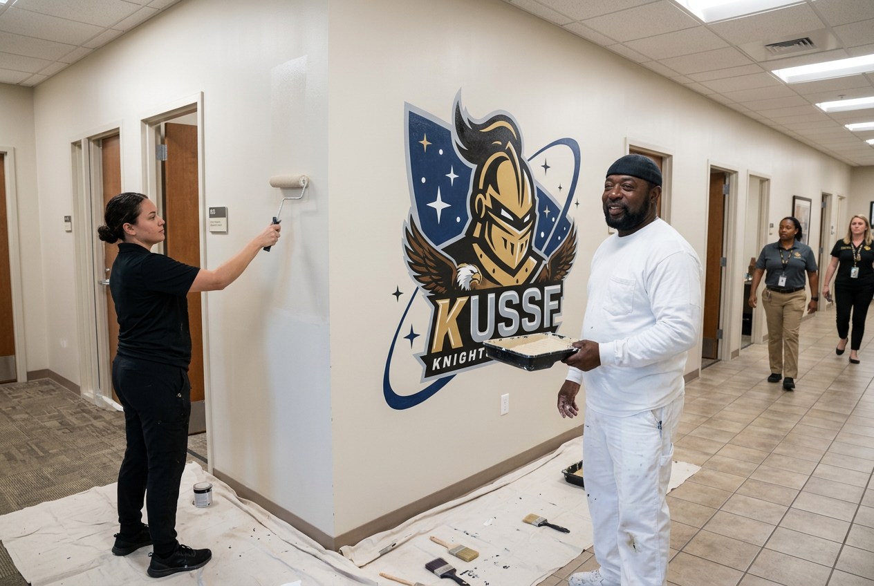Jerry and a crew member painting the second mural wall at the UCF building on Patrick Space Force Base — UCF Knights logo blended with Space Force iconography