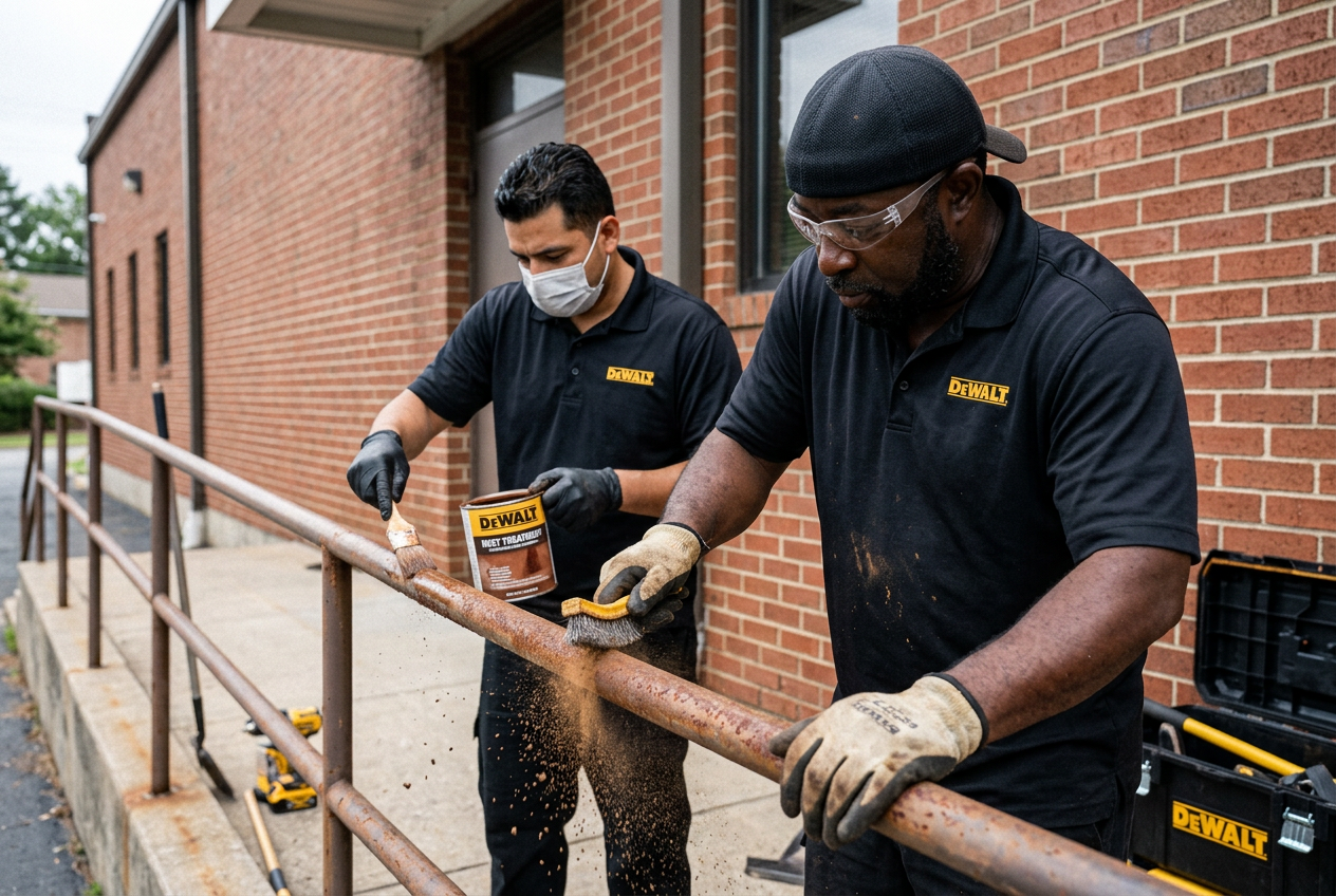 Jerry and crew member wire-brushing and applying rust converter primer to a corroded metal railing at a commercial property