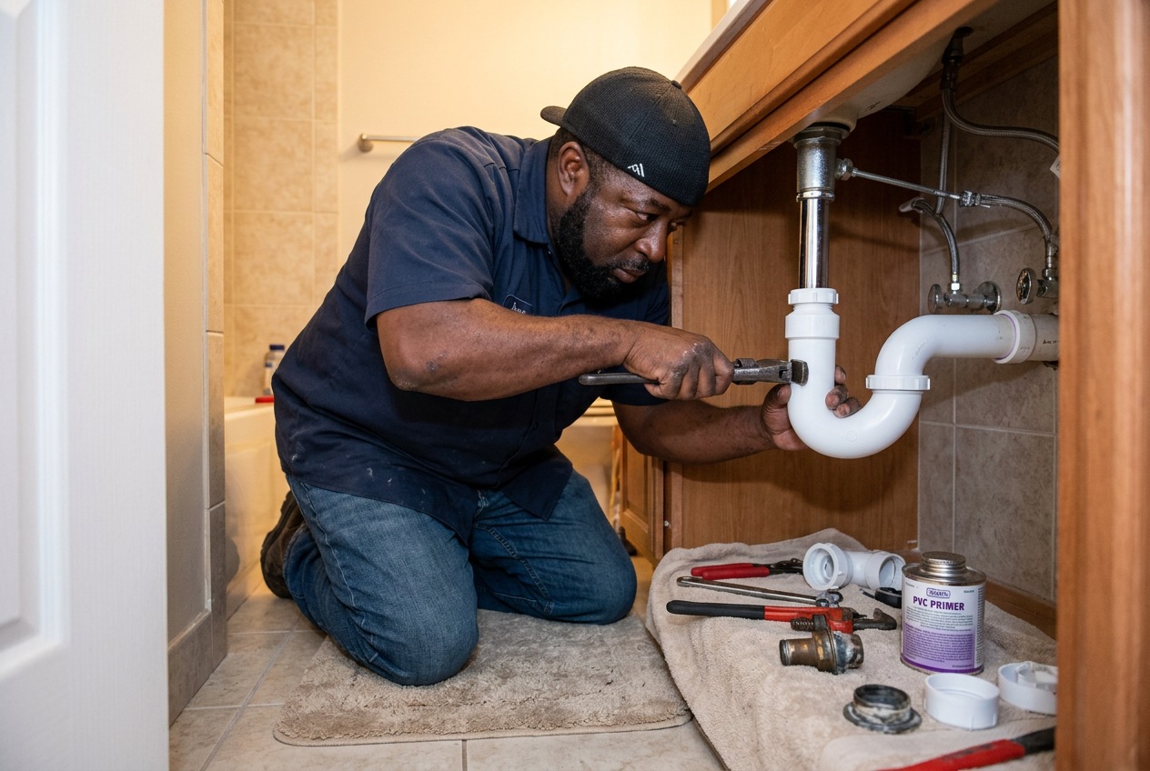 Jerry kneeling under a bathroom vanity replacing the P-trap and sink drain plumbing on a Brevard County handyman call