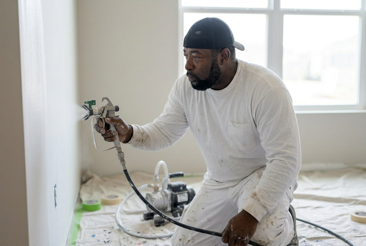 Jerry, co-owner of Creative Painting and More 2 LLC, spraying a fresh coat of paint on a job site in Cocoa, FL