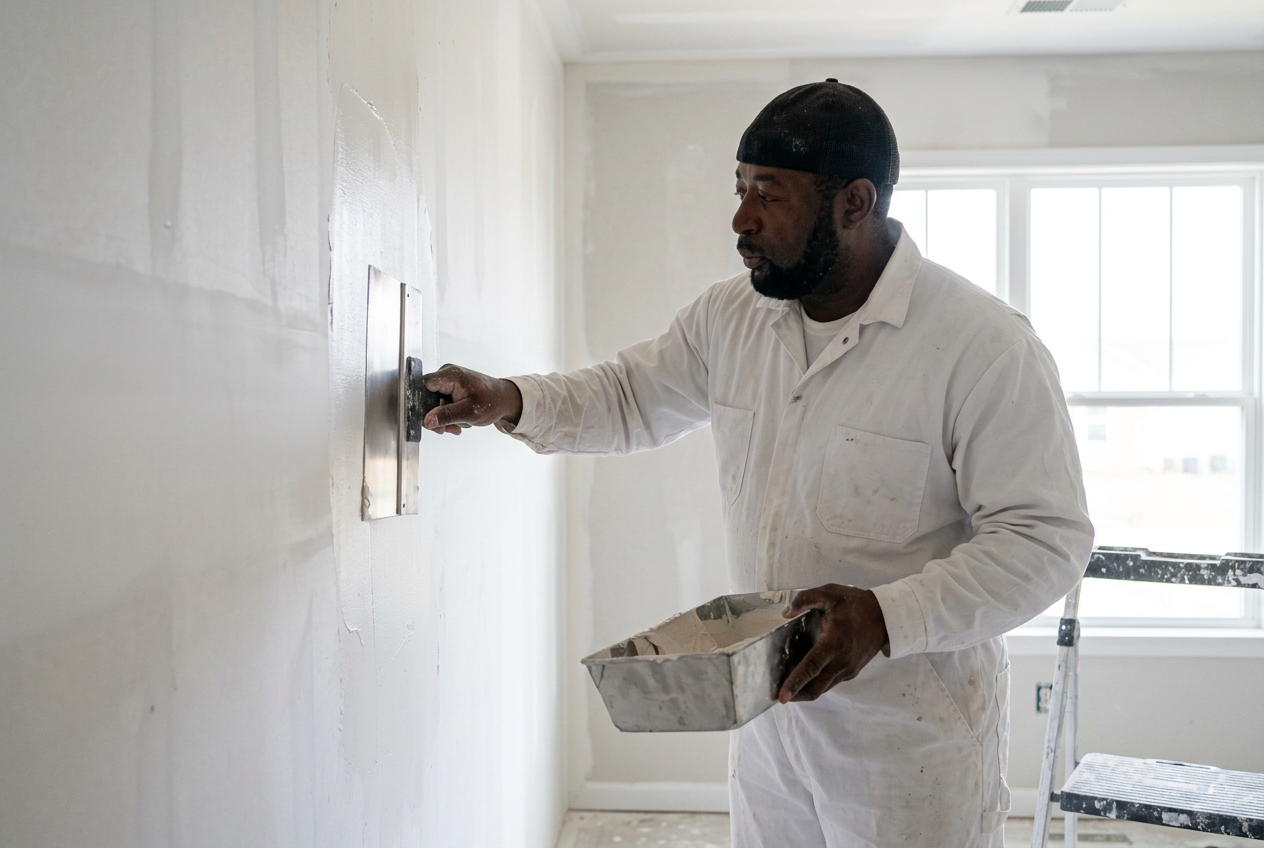 Jerry skim-coating an interior drywall wall with a wide stainless steel taping knife, smoothing a thin layer of joint compound to a Level 5 finish