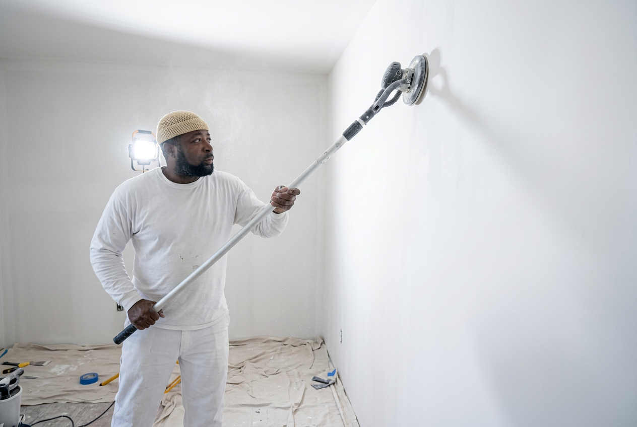 Jerry sanding a freshly skim-coated wall with a pole sander to a smooth Level 5 finish